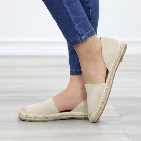 Shoes - Beige Vegan Suede Flat Slip On Loafer Espadrilles